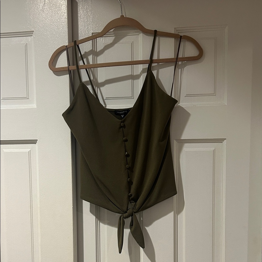 Olive Green Button-Down Tie-Front Top - XS